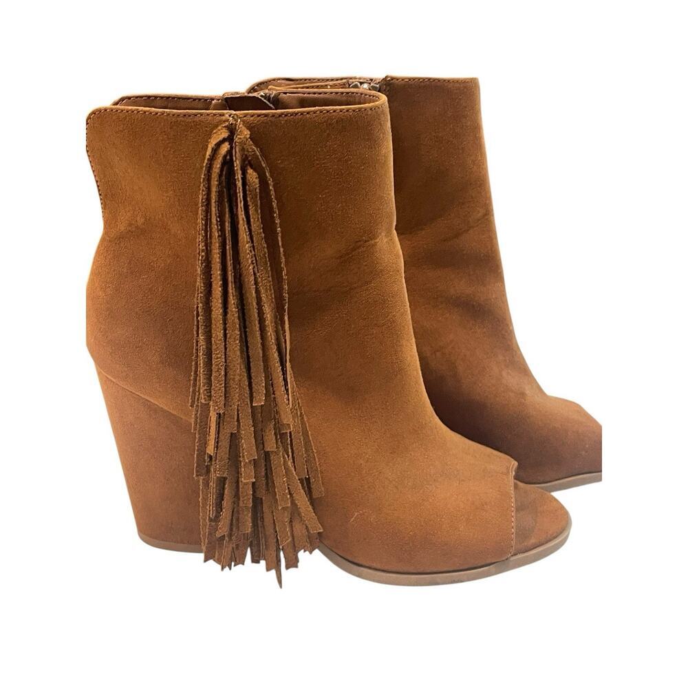 Big Buddha Brown Suede Peep Toe Zip Booties w/Fringe Womens size 7 Boho Western - Picture 2 of 7